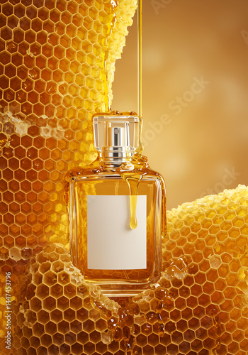 Honey-scented perfume bottle nestled in honeycomb