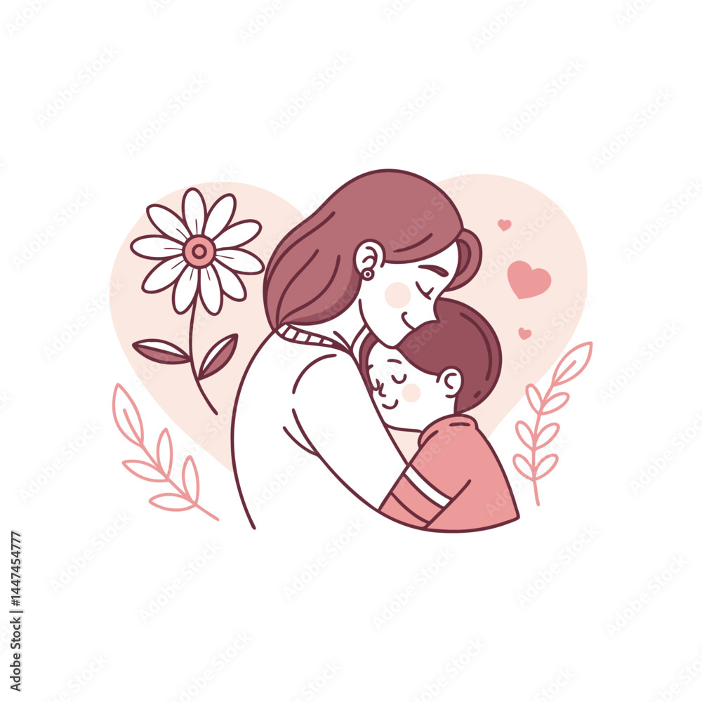 mother and daughter Mother hugging child, heart, flower, greeting card vector mother and daughter Mother hugging child, heart, flower, greeting card vector