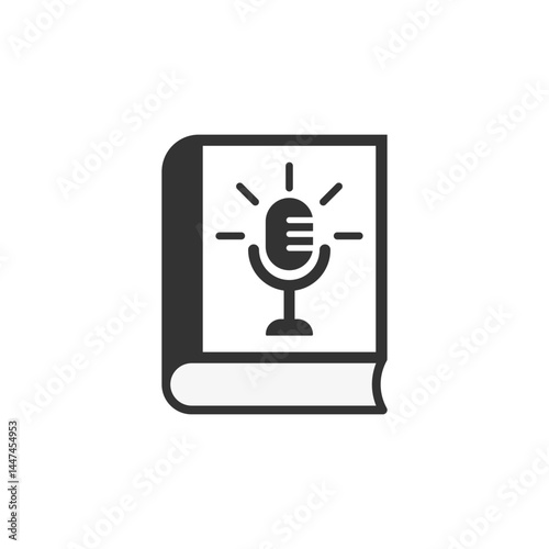 Book with a microphone. A theme for audiobook or podcast, voice narration. Vector icon and logo. Illustration on white background.