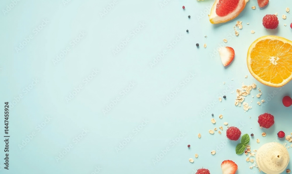 Fresh Colorful Fruits and Oats Arrangement on Light Blue Background Fresh Colorful Fruits and Oats Arrangement on Light Blue Background