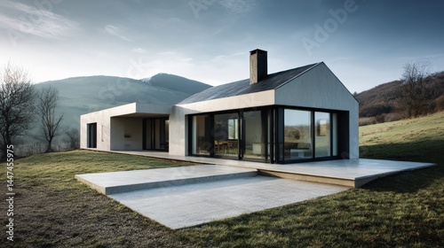 Modern homesteading with solar panels, a satellite & chimney surrounded by a manageable farm.