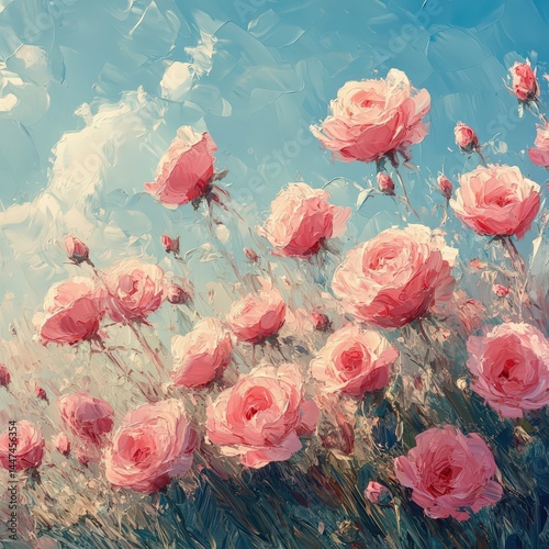 Wallpaper Mural Blooming Pink Roses in Vibrant Field Under Clear Blue Sky Torontodigital.ca
