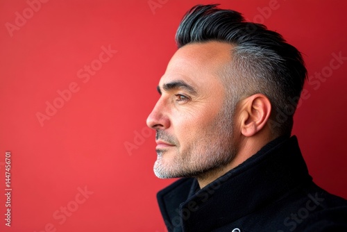 A glowing man radiating happiness and confidence. Red solid background. Fashionable men's high and tight haircut - midlife white man with black hair. Creative art of style for aging men.