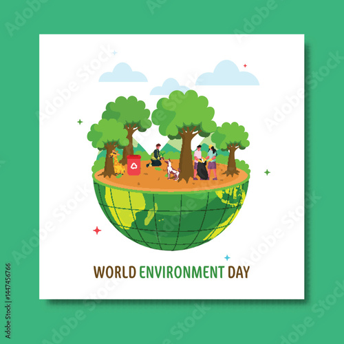World Environment Day Post with Recycling and Community People Cleaning Garbage at Ground for Healthy and Sustainable Future Illustration.