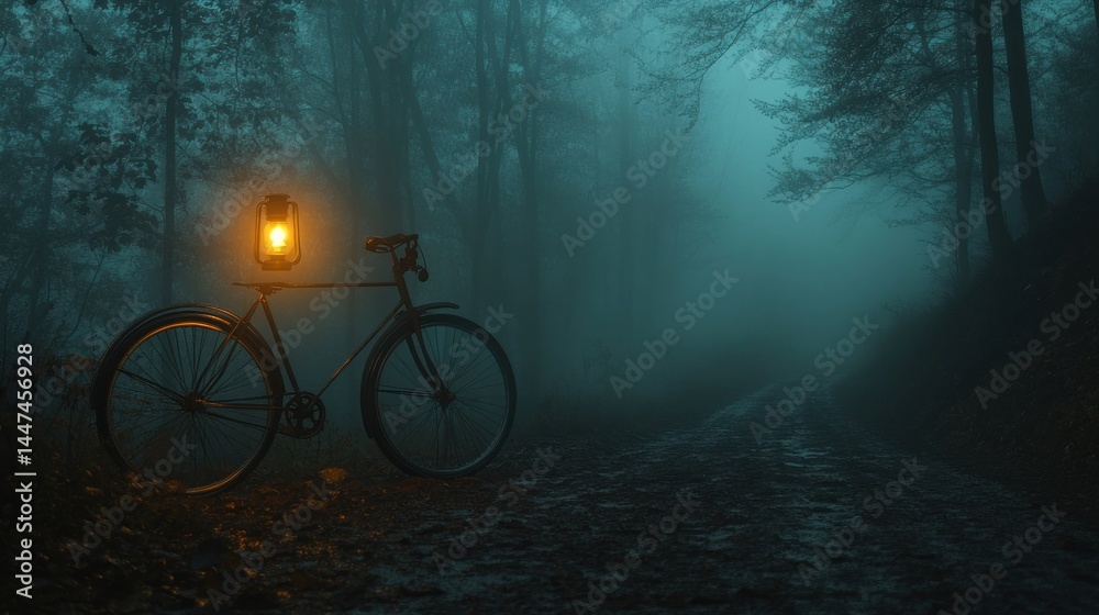 Obraz premium Mysterious Night Ride: A Vintage Bicycle with a Lantern in a Foggy Forest