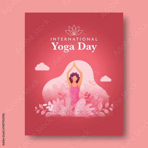 International Yoga Day post with Faceless Woman Practice Yoga Sukhasana Pose on Pink Nature View Illustration.
