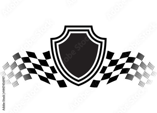 Vector emblem, shield with checkered flags on the sides, black on white. Sports pattern for covers, advertising, presentations. Design element in automotive style. Racing, finish. Vector background