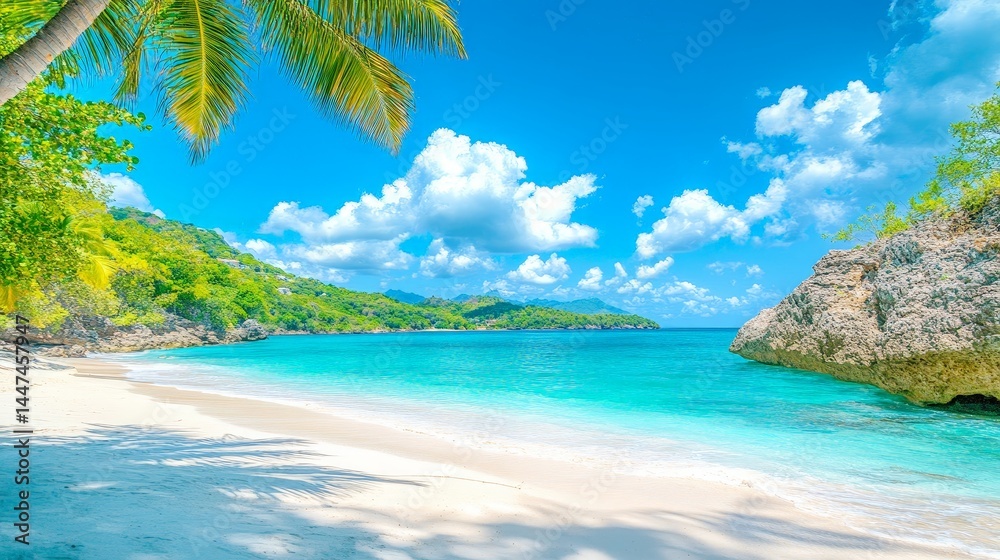 Obraz premium Tropical beach with palm tree framing the turquoise ocean and serene atmosphere