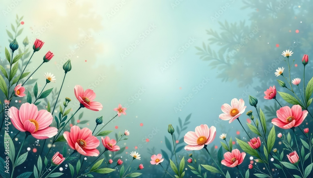 Obraz premium Delicate wildflowers & leaves, pastel palette, spring, soft