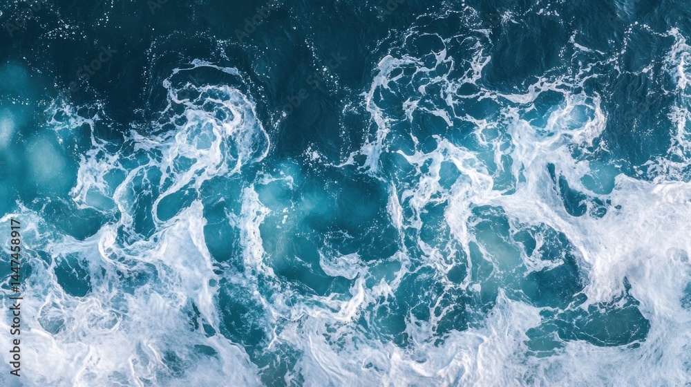 Obraz premium High-angle view of turbulent ocean waves and frothy water.