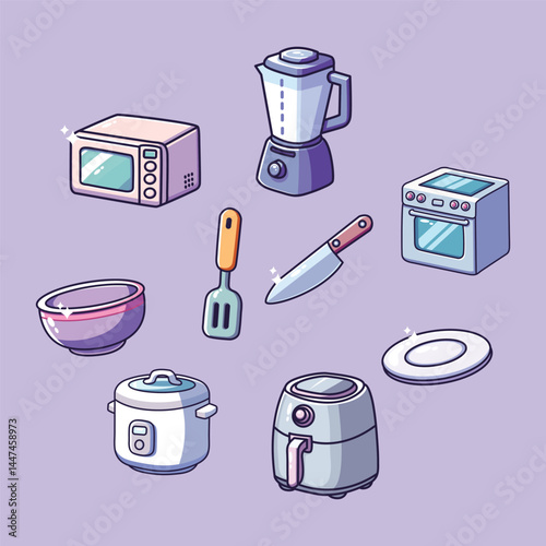 Kitchen utensils icon set over purple background vector illustration graphic design