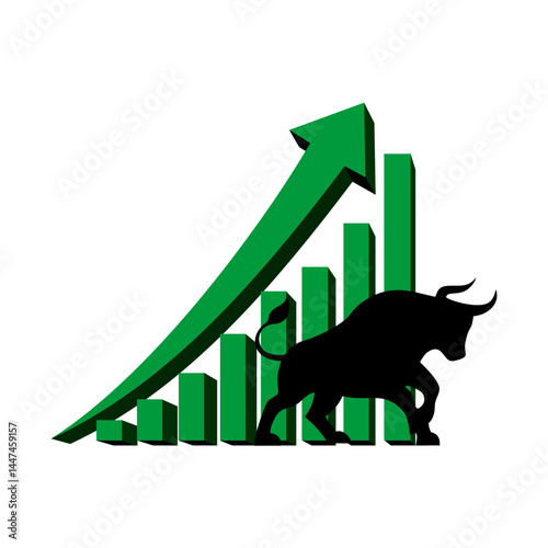 Bull with 3d rising green arrow, stock market uptrend or bullish illustration.