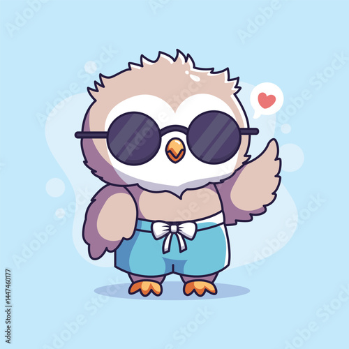 Cute owl with sunglasses. Cartoon character. Vector illustration on blue background.