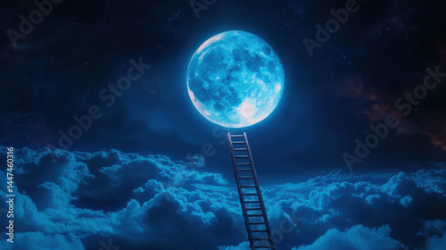 Ladder reaches up through clouds to glowing blue moon, creating surreal and dreamlike scene. night sky is filled with stars, adding to mystical atmosphere