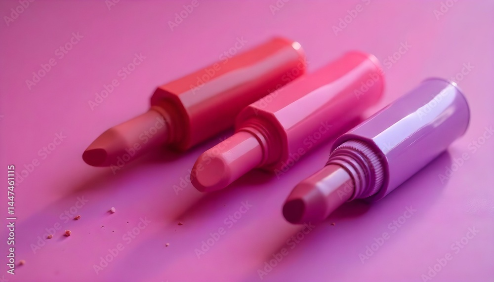 different shiny lipsticks in tubes on purple different shiny lipsticks in tubes on purple