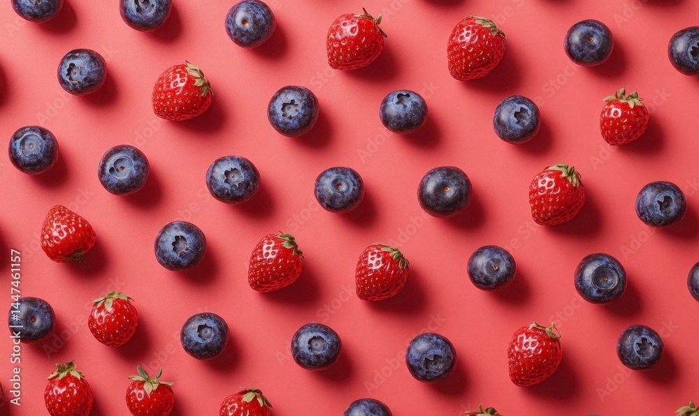 Fresh Strawberries and Blueberries on Vibrant Red Background Fresh Strawberries and Blueberries on Vibrant Red Background