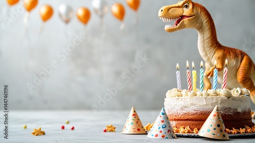 Fototapeta Naklejka Na Ścianę i Meble -  birthday party with dinosaur concept. Dinosaur Birthday Cake with Colorful Candles and Balloons
