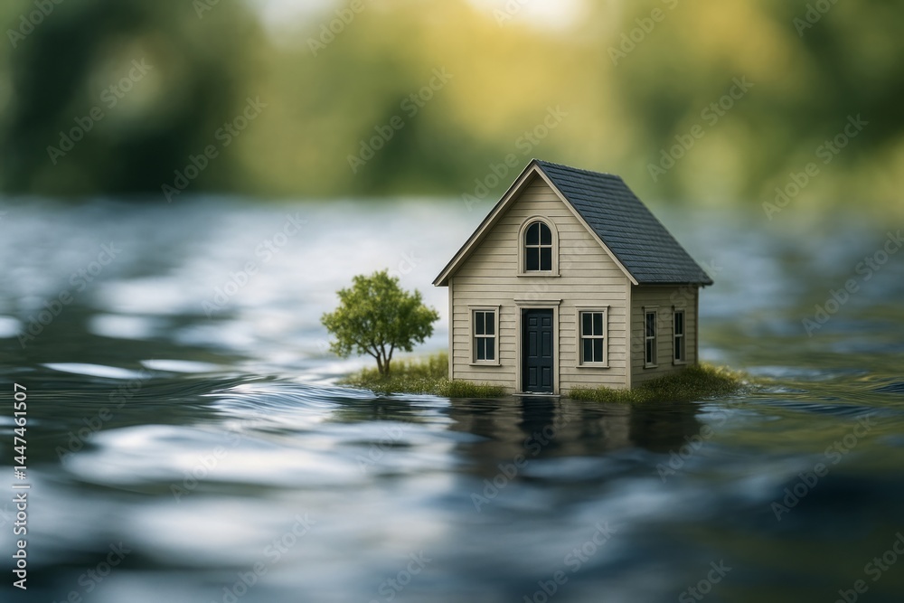 Small House Flooded Island Miniature Model Scene Nature Photography Environmental Disaster Water Damage Climate Change Global Warming Rising Sea Levels Environmental Protection Ecological Balance     