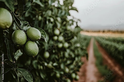 Lush lime trees in a farm row photo