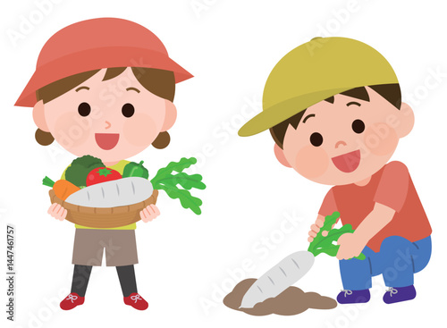 野菜を収穫する男の子と女の子　イラスト