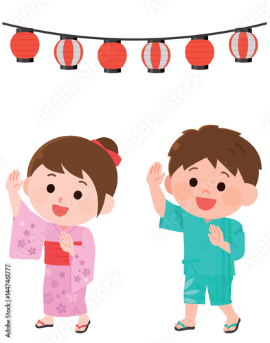 盆踊りを踊る男の子と女の子　提灯の飾り　イラスト
