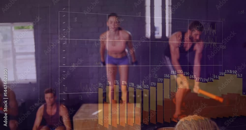 Fitness group exercising with jump rope and sledgehammer on tire, showing 3D bar charts and graphs Fitness group exercising with jump rope and sledgehammer on tire, showing 3D bar charts and graphs