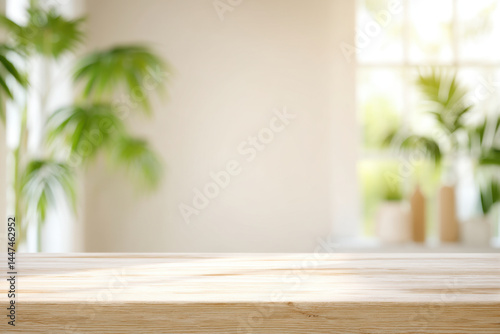 Wooden table top in bright, airy space with plants and natural light in the background