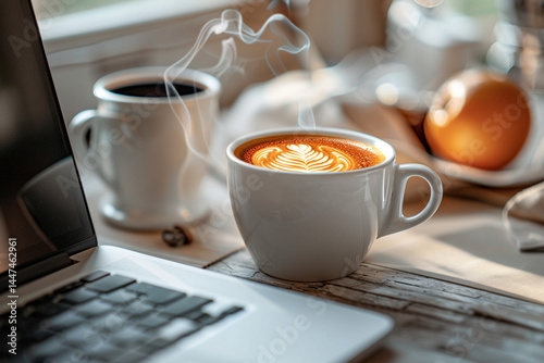 Enjoy charming delightful cup of espresso in charming sleek white mug while working from comfort of your own home, with your trusty laptop by your side, as you tackle your homeworking tasks and savor 