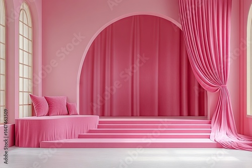 Pink room with stairs, pillows, windows, and curtains creating a monochromatic scene