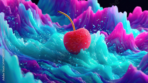 Vibrant red cherry floats in surreal ocean of colorful waves, creating fantasy like scene with splashes and droplets