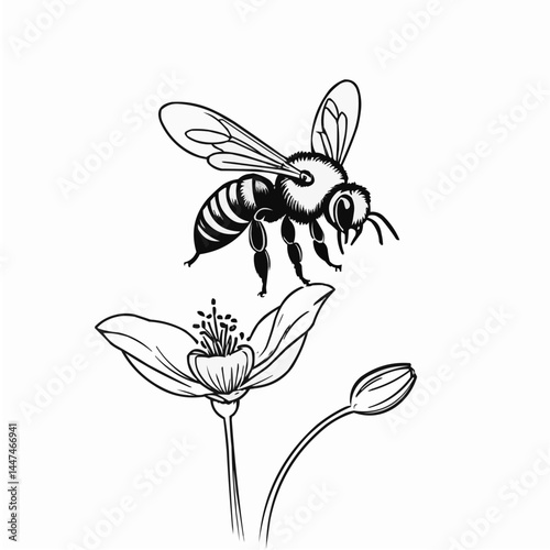 Honey bee pollinating flower, detailed insect and botanical illustration in line art style
