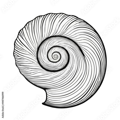 Hand drawn nautilus shell spiral design in black and white line art style, minimalist nature illustration