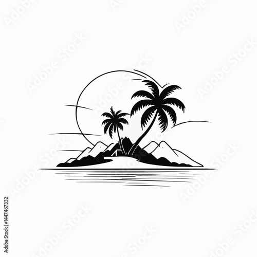 Tropical island paradise with palm tree and sunset, minimalist beach landscape in black line art