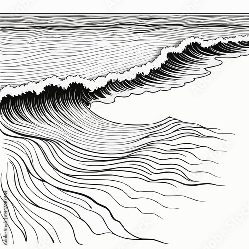 Ocean wave illustration with detailed water pattern, marine seascape in black line art
