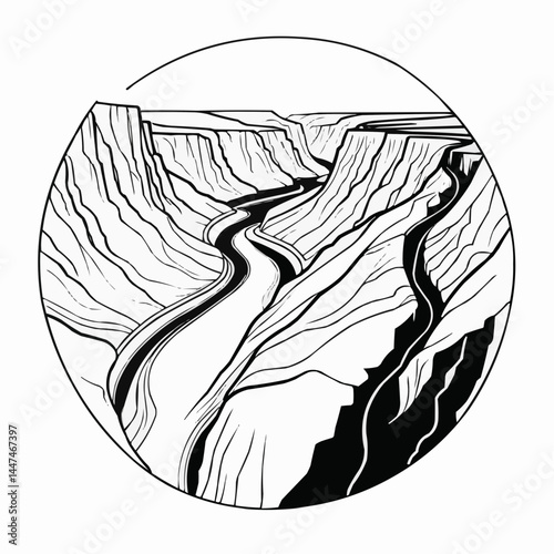 Circular river canyon landscape, topographic terrain illustration in black line art style