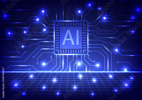 Digital AI circuit board background. Artificial intelligence technology motherboard cyberpunk futuristic concept.
