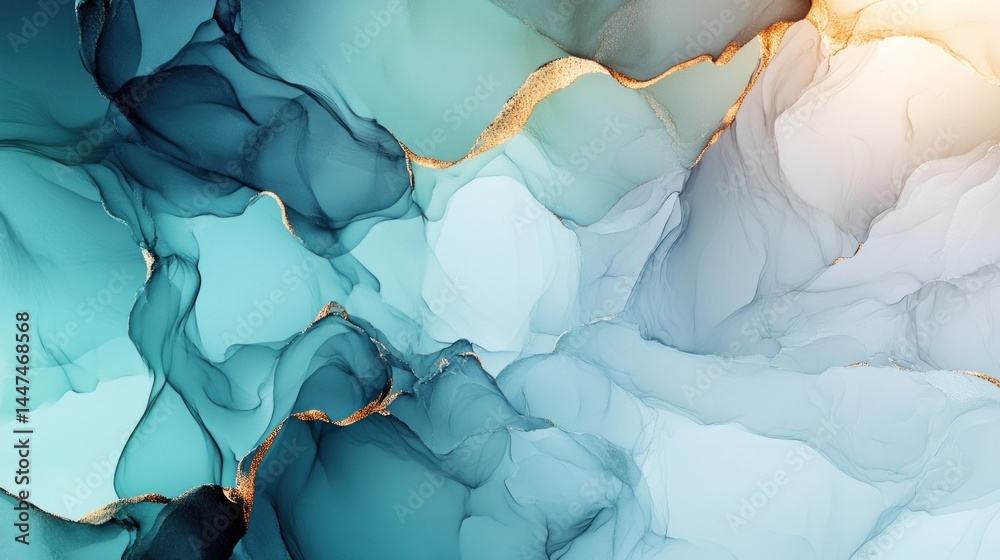 Fototapeta premium Abstract ink painting featuring fluid, blended teal, blue, and beige hues.