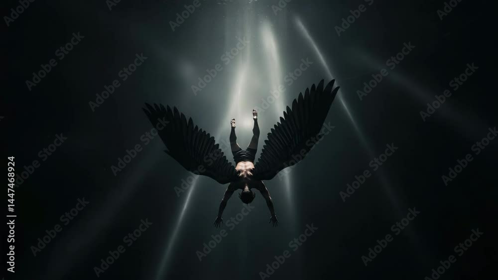 Fallen angel Lucifer with wings descending through dark skies  