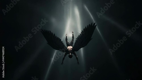 Fallen angel Lucifer with wings descending through dark skies  