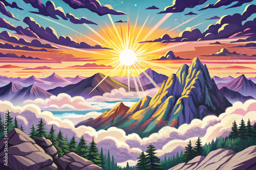 Amazing bright sunset vector over rocky cloudy mountains illustration