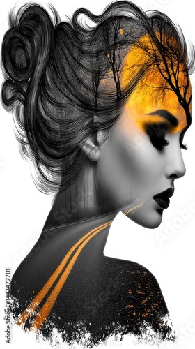 Inspirational Double Exposure Portrait with Artistic Elements and Creative Concept Blending Nature and Urban Landscape in Striking Visual Harmony