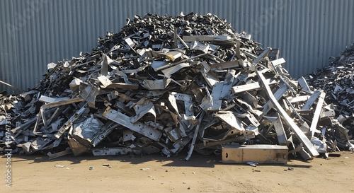 Large Pile of Metal Scrap Ready for Recycling at a Waste Management Facility on a Sunny Day