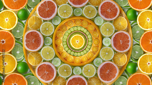 Colorful citrus mandala featuring detailed slices of oranges, lemons, limes, and grapefruits arranged in vibrant, artistic pattern. intricate design creates fresh, lively feel