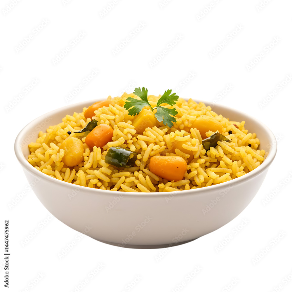 Bowl of yellow rice with vegetables isolated on transparent background Bowl of yellow rice with vegetables isolated on transparent background