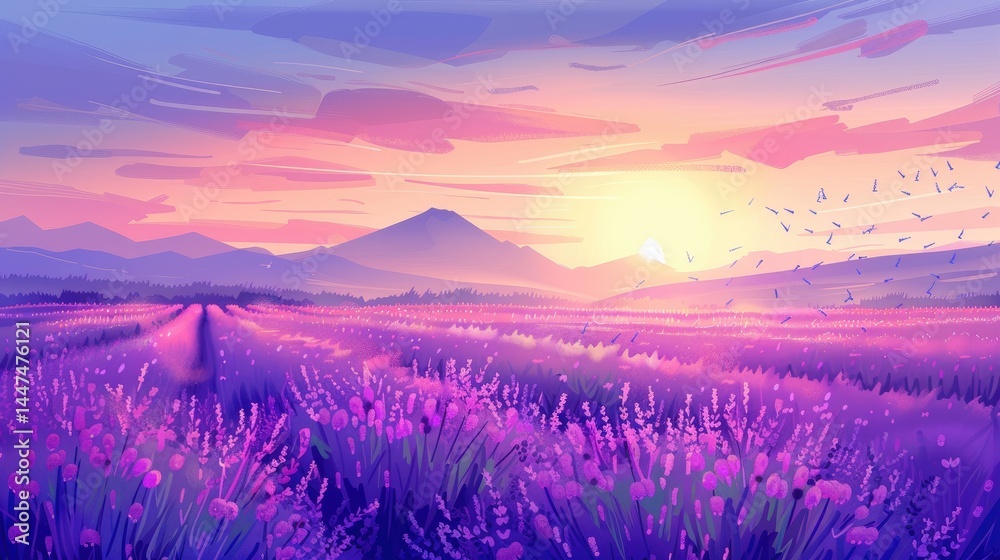 Obraz premium Lavender field at sunset with distant mountains and flying birds in a serene landscape