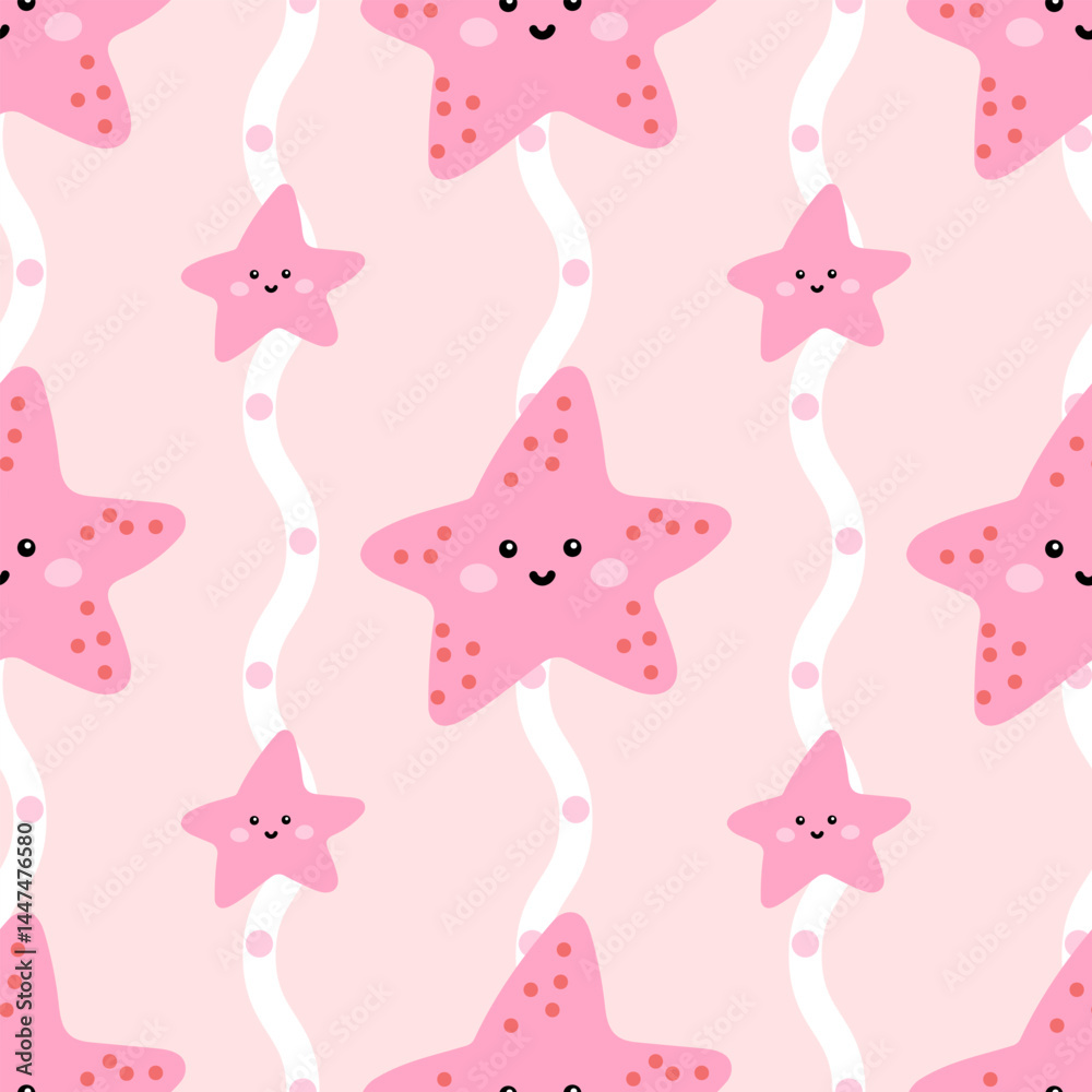 Fototapeta Kawaii seamless ocean pattern with starfish on a soft aquatic background