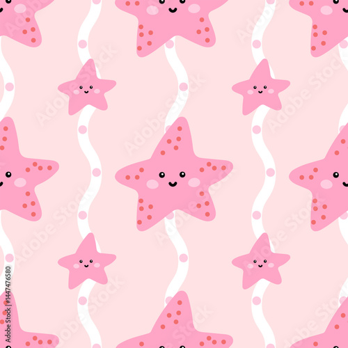 Kawaii seamless ocean pattern with starfish on a soft aquatic background. Designed for cute childrens fabric, wallpaper, and wrapping paper