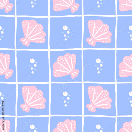 Kawaii seamless pattern of seaweed, and pastel shells. Cute and gentle pattern for baby textiles, wallpapers, and summer products