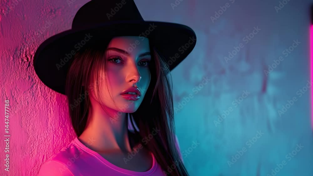 Portrait of a woman with a hat in neon lighting, close-up shot Portrait of a woman with a hat in neon lighting, close-up shot