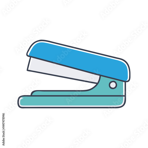 Illustration of a teal and blue stapler stationery office supply for document organization and work